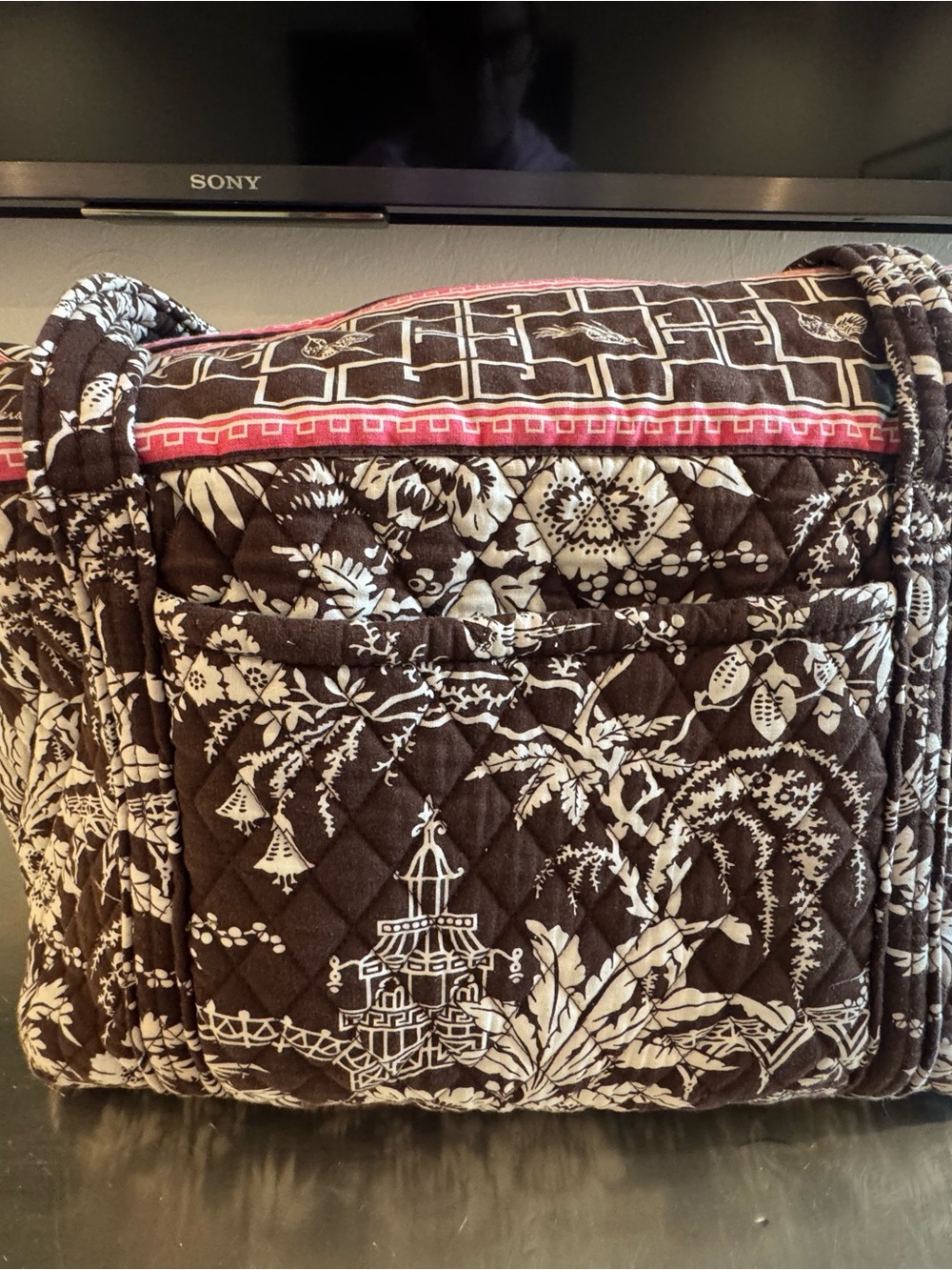 Vera Bradley Brown and Pink Quilted Zipper Tote Imperial Toile